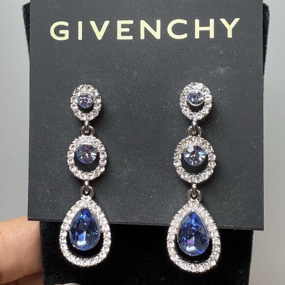 Givenchy Crystal Cut Linear Earrings In Silver & Sapphire New - Picture 5 of 8